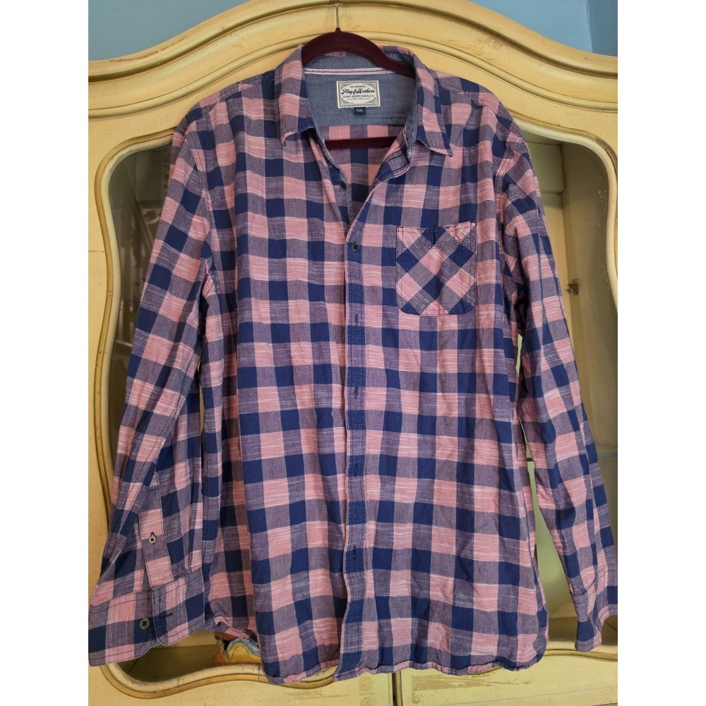 Flag & Anthem Men's XXL Plaid Button Down Shirt Red Navy Check Long Sleeve...